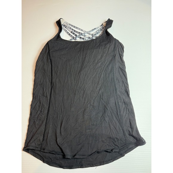 Lululemon Workout Tank Top Black Striped Built In Bra Size 4 Criss Cross Back - Picture 1 of 6